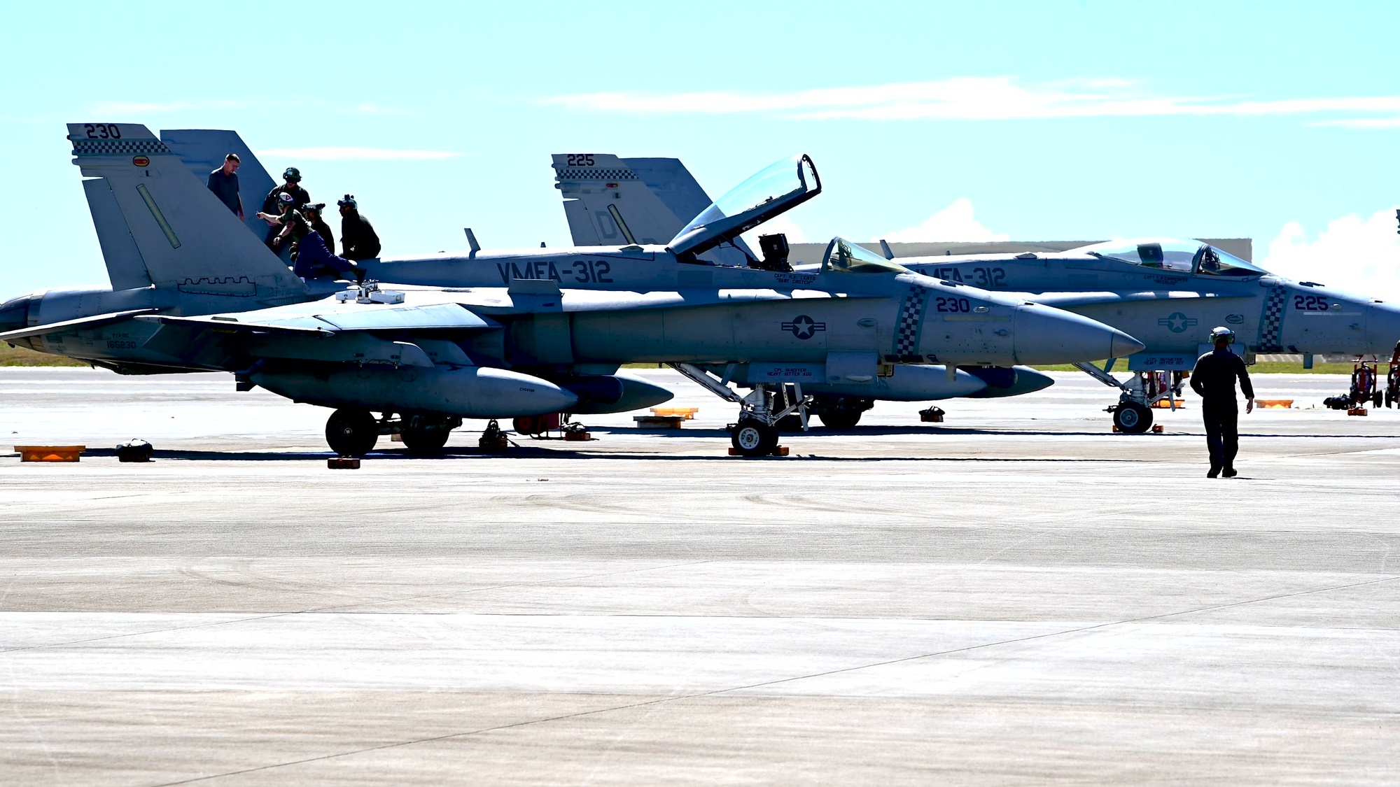 B-roll of U.S. Marine Corps F/A-18 Hornets assigned to Marine Fighter Attack Squadron (VMFA) 312, land and taxi on Andersen Air Force Base, Guam, as part of Cope North 25, Feb. 19, 2025. Through Cope North 25, The U.S. and its Allies and Partners demonstrate their ability to work together seamlessly, leveraging their combined strengths to address complex security challenges and promote a more stable and secure region. (U.S. Air Force photo by Senior Airman Johnny Diaz)