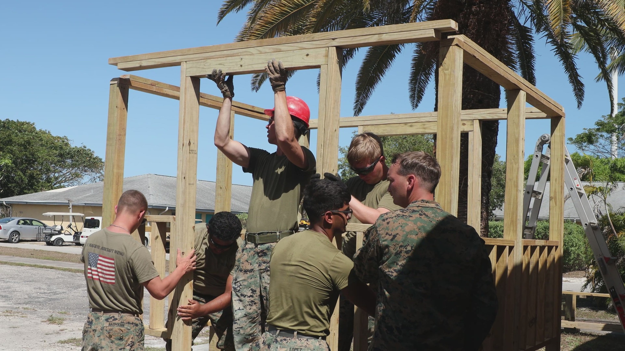 U.S. Marines with Marine Wing Support Squadron (MWSS) 272 build the foundation for a gazebo during construction projects at the U.S. Navy Atlantic Undersea Test and Evaluation Center on Andros Island, Bahamas, Feb. 19, 2025. MWSS-272 deployed to the Bahamas to conduct aviation ground support rehearsals and refine distributed aviation operations for 2nd Marine Aircraft Wing. (U.S. Marine Corps video by Lance Cpl. Mya Seymour)