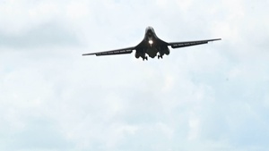 A 34th Expeditionary Bomb Squadron B-1B Lancer conducts a “touch and go” then lands at Andersen AFB during BTF 25-1