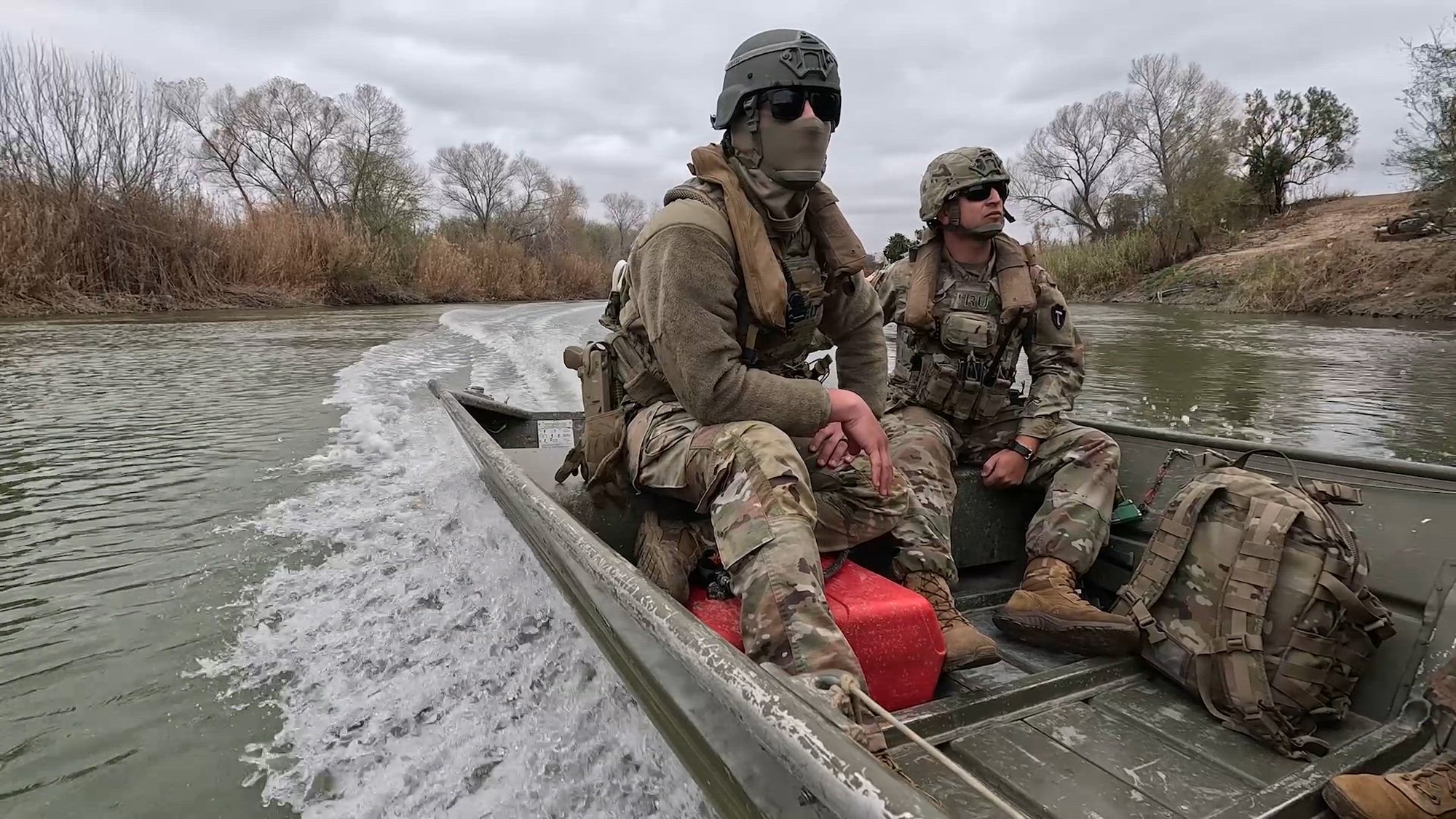 The Texas National Guard’s brush and riverine teams, part of Operation Lone Star, conduct coordinated patrols along the Rio Grande River to detect and deter illegal crossings and criminal activity near McAllen, Texas, Feb. 23, 2025. Operation Lone Star, comprised of Texas National Guard members in a state active duty status, works with state and federal law enforcement officials, including U.S. Border Patrol, with a continuing mission to deter, detect, and stop illegal border crossings and to interdict transnational criminals.. (U.S. Air National Guard video by Master Sgt. Amber Monio and Staff Sgt. Derek Gutierrez)