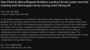 41st Field Artillery Brigade Soldiers conduct Arctic water survival training with Norwegian Army during Joint Viking 25