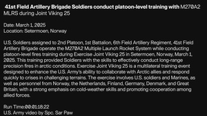 41st Field Artillery Brigade Soldiers conduct platoon-level training with M270A2 MLRS during Joint Viking 25