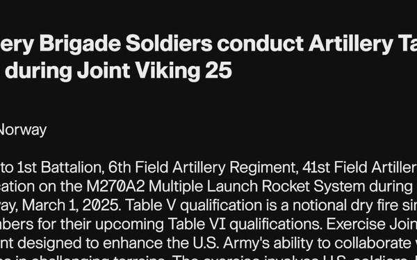 41st Field Artillery Brigade Soldiers conduct Artillery Table V on M270A2 MLRS during Joint Viking 25