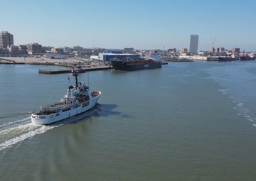 Coast Guard Cutter Reliance sails near Galveston to patrol the Maritime Boundary Line