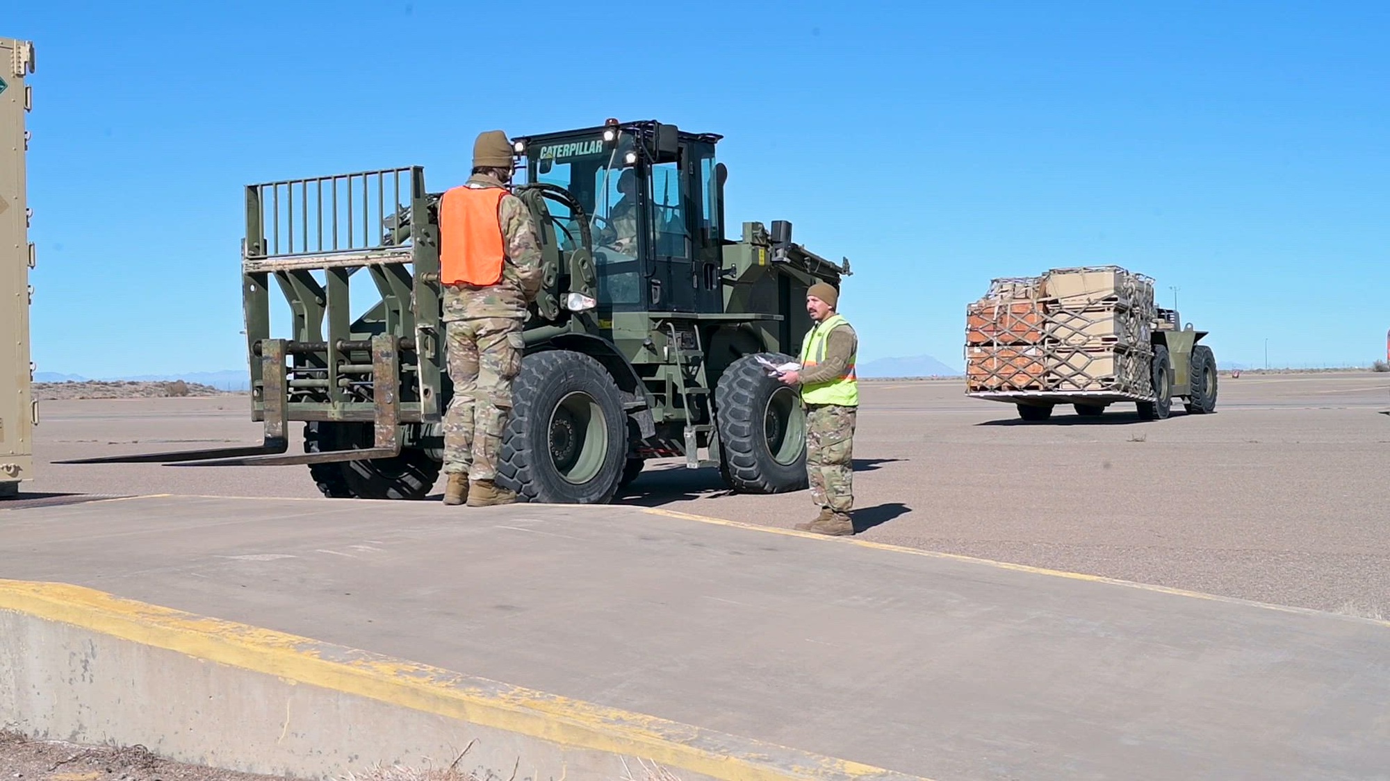 Airmen from the 49th Wing and 635th Materiel Maintenance Group participate in the Basic Expeditionary Airfield Resource Base Crawl 10 exercise at Holloman Air Force Base, N.M., Jan. 15, 2025. Over 400 Airmen participated in BEAR Crawl 10, which taught them on how to load and prepare cargo into an aircraft properly. (U.S. Air Force video by Senior Airman Nicholas Paczkowski)