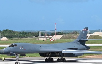 U.S. Air Force B-1B Lancer assigned to the 34th Expeditionary Bomb Squadron takes off to support BTF 25-1 training mission