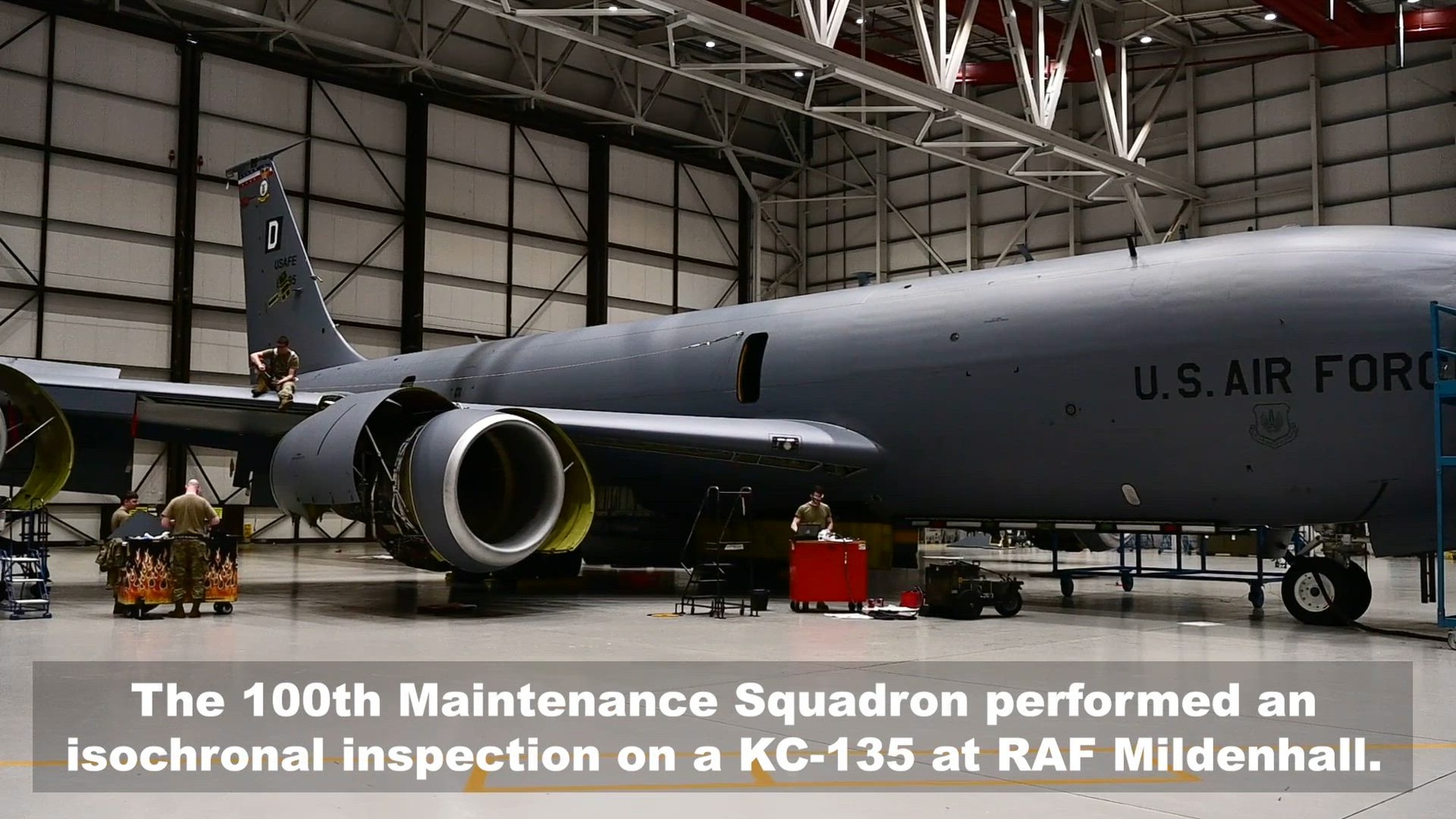 U.S. Airmen assigned to the 100th Maintenance Squadron performed an isochronal inspection on a KC-135 Stratotanker at RAF Mildenhall, England, Mar. 5, 2025. Isochronal inspections are performed to extend the life of the aircraft by up to 36 months. (U.S. Air Force video by Senior Airman Sarah Spadie)