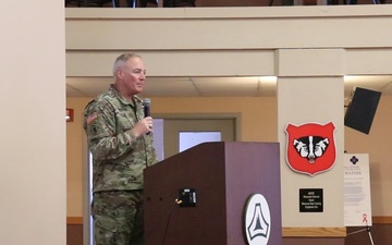 Fort McCoy Senior Commander discusses the 88th RD history, patch during repatching ceremony at Fort McCoy