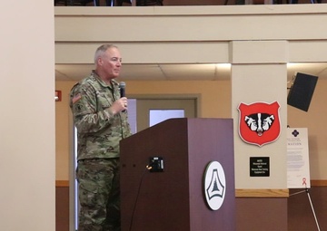 Fort McCoy Senior Commander discusses the 88th RD history, patch during repatching ceremony at Fort McCoy