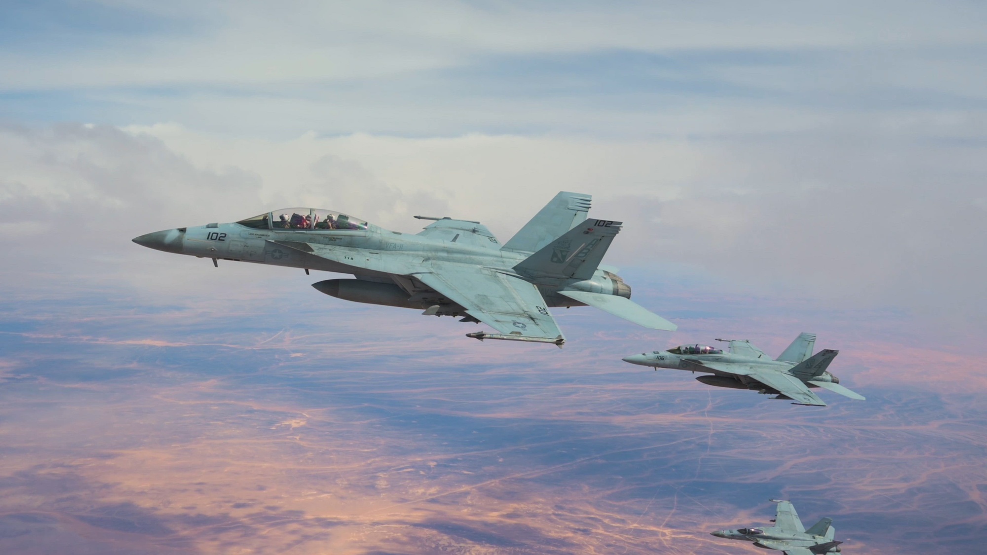 U.S. Navy F/A-18 Super Hornets, assigned to the Harry S. Truman Carrier Strike Group, fly in formation over the U.S. Central Command area of responsibility, March 3, 2025. The HSTCSG is ready, if called upon, to execute the full spectrum of carrier operations essential to U.S. national security, including the defense of the U.S. and partner forces, personnel and freedom of navigation to ensure maritime security and stability in the AOR. (U.S. Air Force video by Staff Sgt. Jackson Manske)