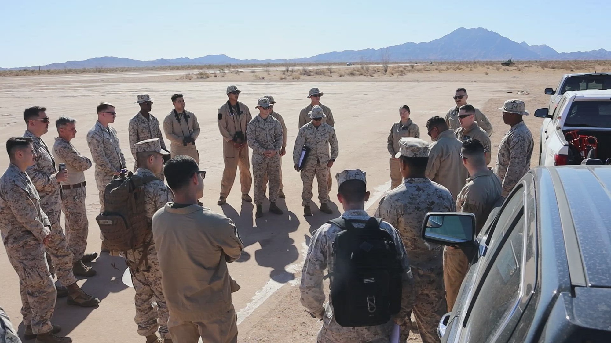 U.S. service members assigned to Marine Aviation Weapons and Tactics Squadron One conduct a landing zone survey as part of Weapons and Tactics Instructor course 2-25, at Landing Zone Hawkeye, near Welton, Arizona, March 15, 2025. Weapons and Tactics Instructor course is a seven-week training event hosted by MAWTS-1 which emphasizes operational integration of the six functions of Marine aviation in support of the Marine Air Ground Task Force, Joint and Coalition Forces. (U.S. Marine Corps video by Cpl. Landon Lingle)
