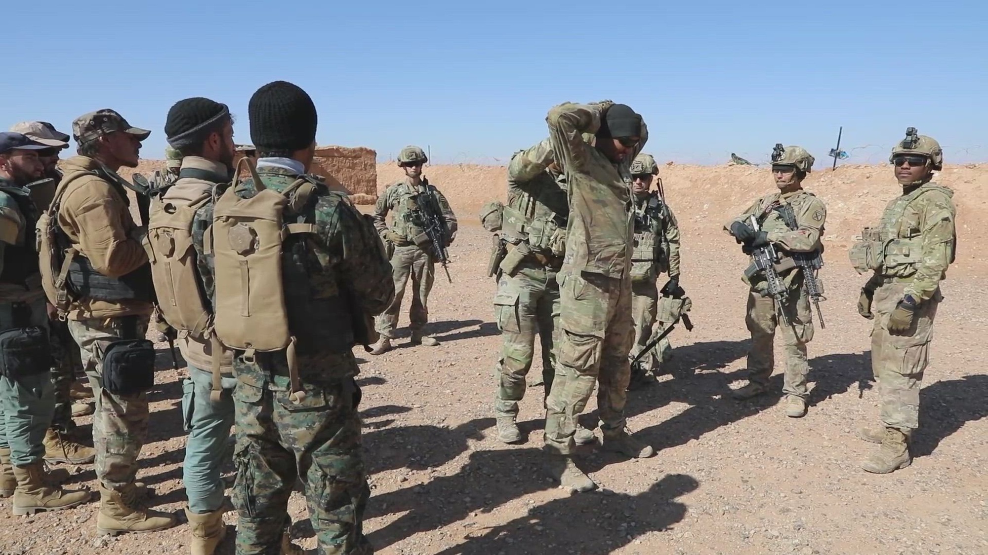 Coalition Forces visited a combat outpost in Syria&#39;s Deconfliction Zone, where they demonstrated key operational techniques to Syrian Free Army soldiers. They provided training on personnel search procedures, takedown techniques, vehicle searches, and checkpoint operations. These efforts are part of the Coalition’s ongoing mission to advise, assist, and enable partner forces in the fight against ISIS, while supporting the broader goal of regional security and stability.