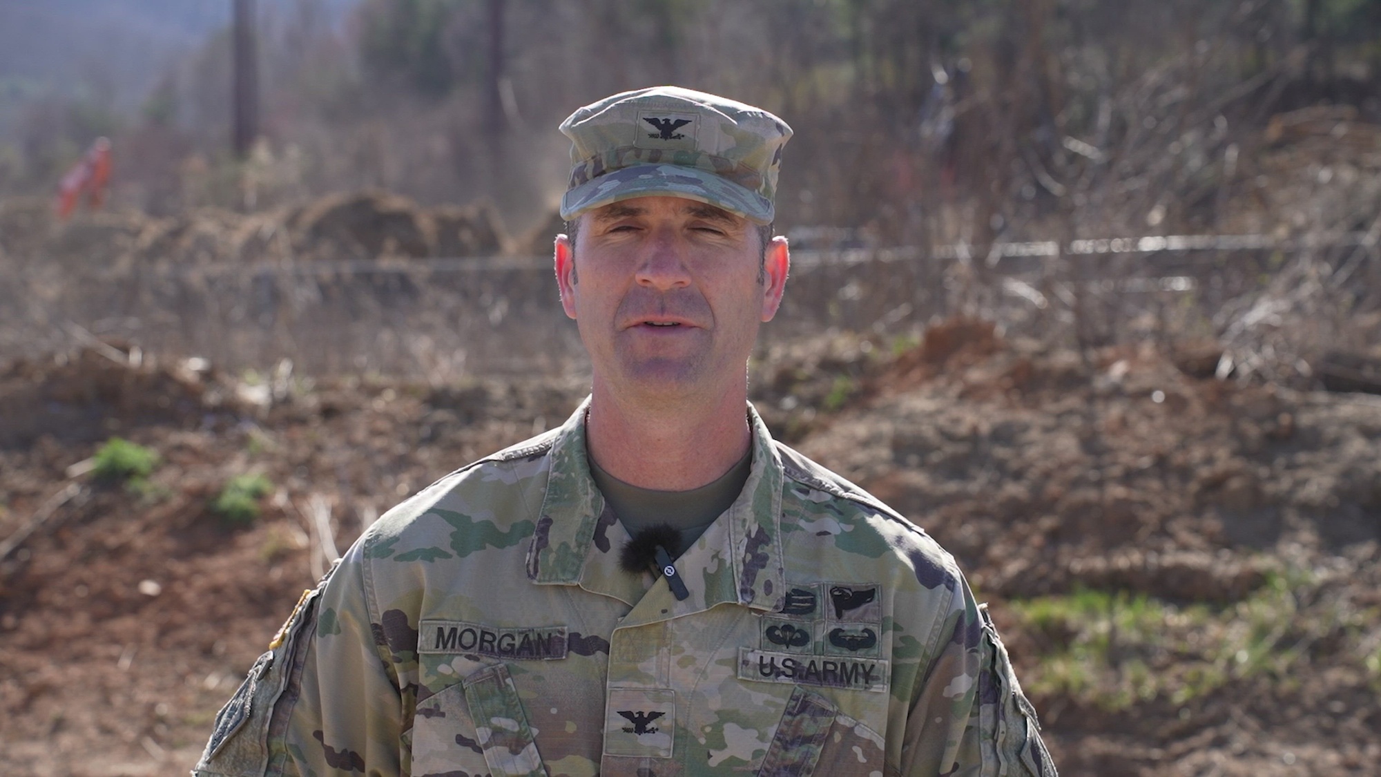 U.S. Army Corps of Engineers Wilmington District Commander Col. Brad Morgan provides an update on the Federal Emergency Management Agency directed private property and waterway debris removal during a site visit in Swannanoa, NC, Mar. 21, 2025.