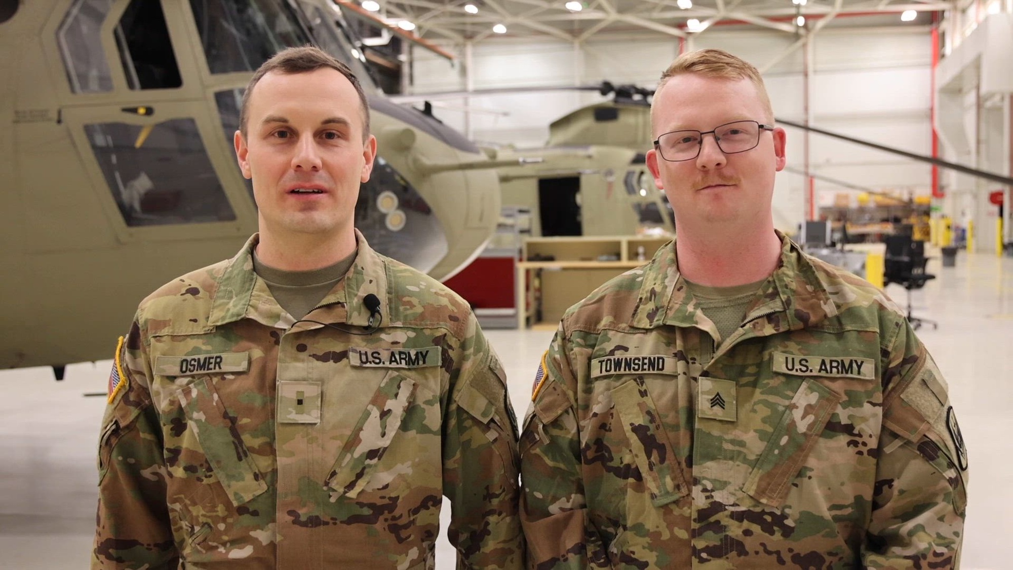 SGT Townsend and CWO2 Osmer, from the US Army 3rd of the 238th, give a shout out to the Detroit Red Wings, during the 2025 season on March 9, 2025 at Selfridge Air National Guard Base, Michigan.