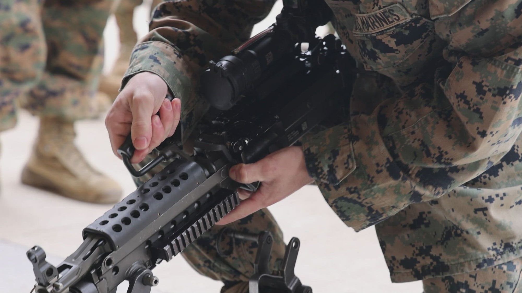 U.S. Marines and U.S Sailors with Marine Wing Support Squadron 171, Marine Aircraft Group 12, 1st Marine Aircraft Wing, familiarize themselves with the M249B light machine gun at Camp Mujuk, Pohang, South Korea, March 27, 2025. Marines and Sailors with MWSS-171 deployed to South Korea to improve readiness in aviation ground support operations for Marine, joint, and allied forces on the Korean peninsula. (U.S. Marine Corps video by Lance Cpl. Erick Reyes)