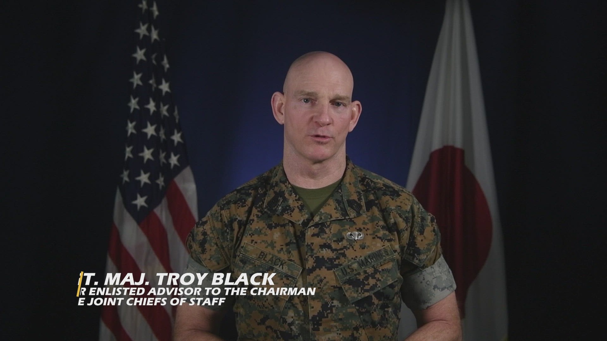 U.S. Marine Corps Sgt. Maj. Troy Black, Senior Enlisted Advisor to the Chairman of the Joint Chiefs of Staff, delivers a message to the Service Members of the Pacific. (U.S. Air Force video by Staff Sgt. Destani K. Hill)