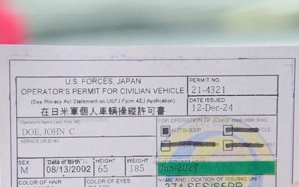 Military Members Required Vehicle Documentation in Japan