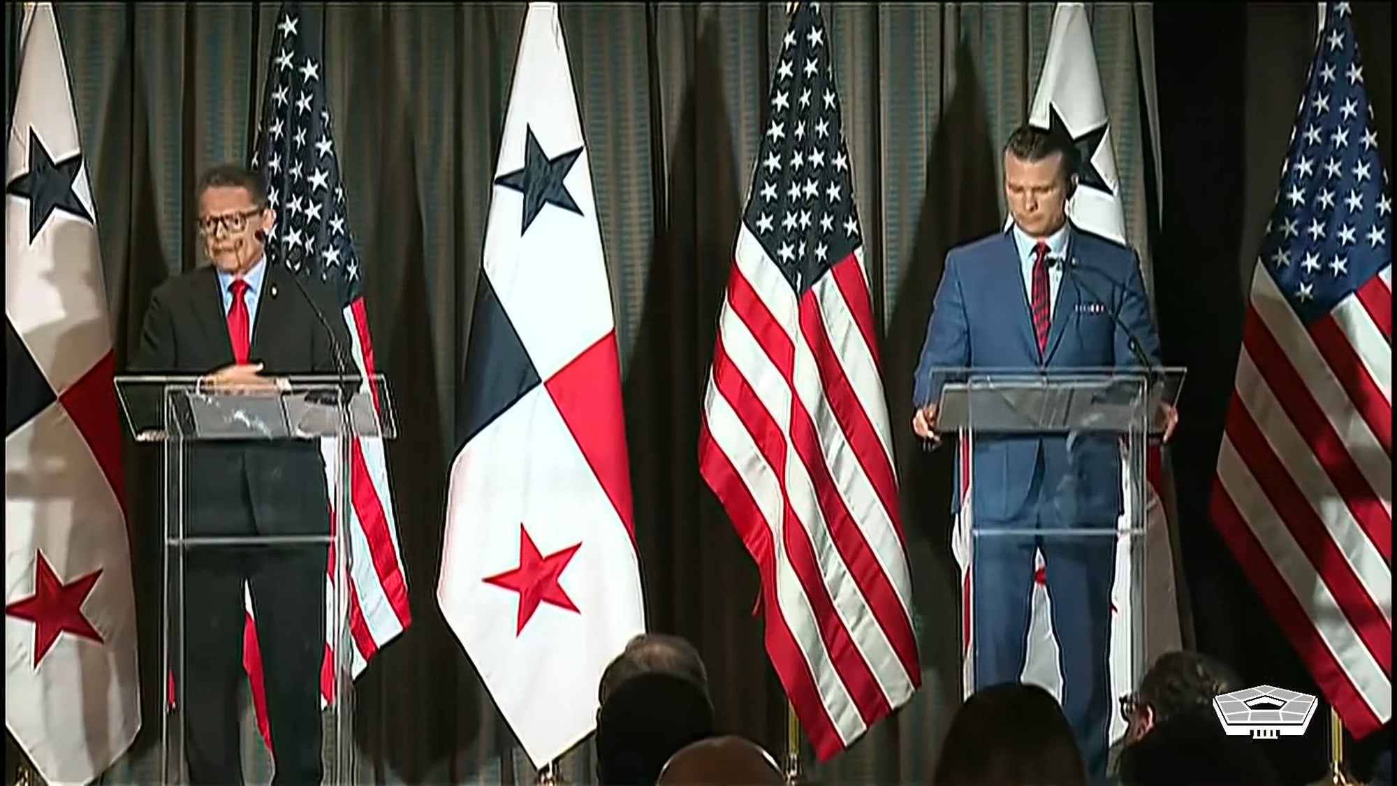 Defense Secretary Pete Hegseth and Panama’s Public Security Minister Frank Abrego brief the media in Panama City, April 9, 2025.