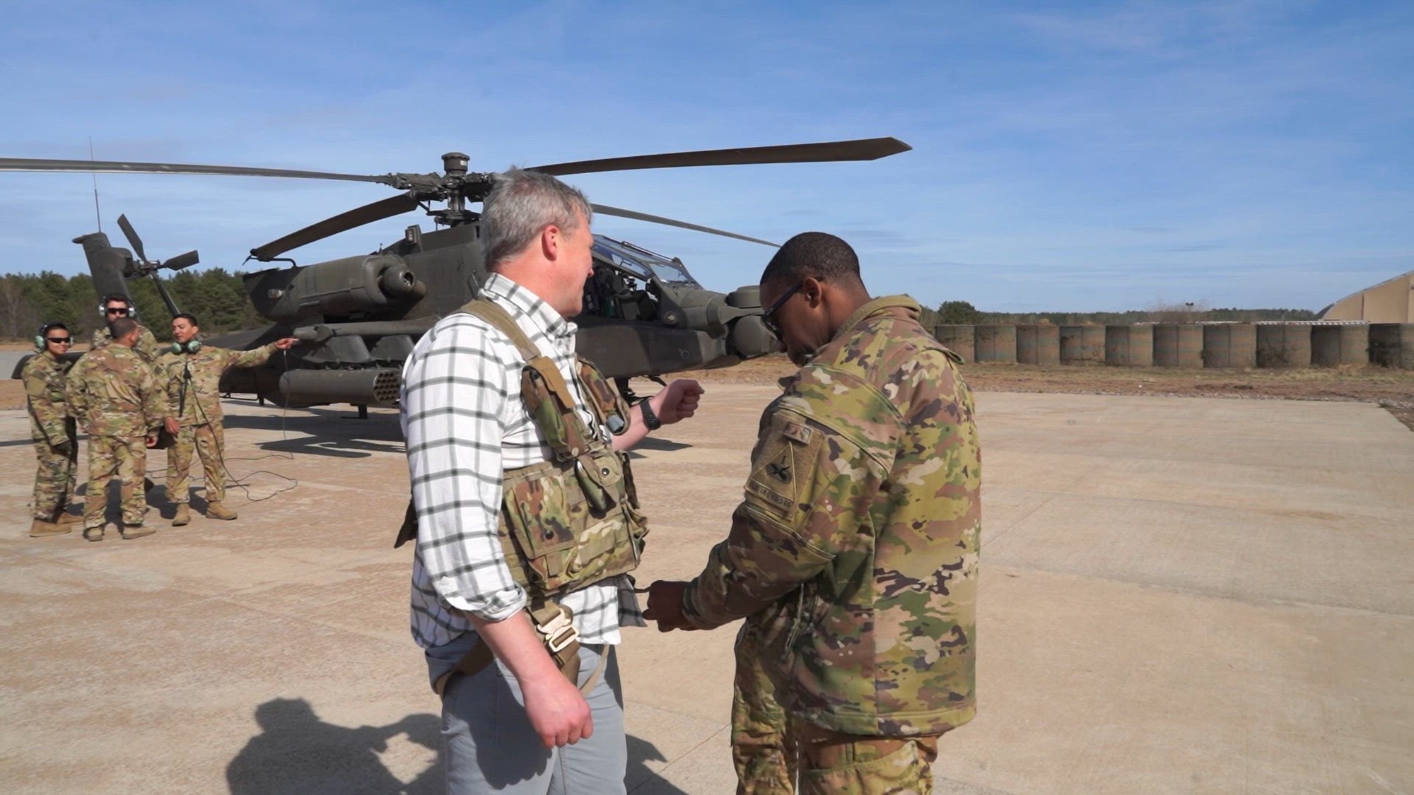 Secretary of the Army Daniel Driscoll takes flight in an AH-64 Apache helicopter with the 1st Combat Aviation Brigade, 1st Armored Division, at Drawsko Pomorskie Combat Training Center (DCTC), Poland, April 10, 2025. Experiencing firsthand the capabilities of Army aviation and the dedication of our Soldiers.