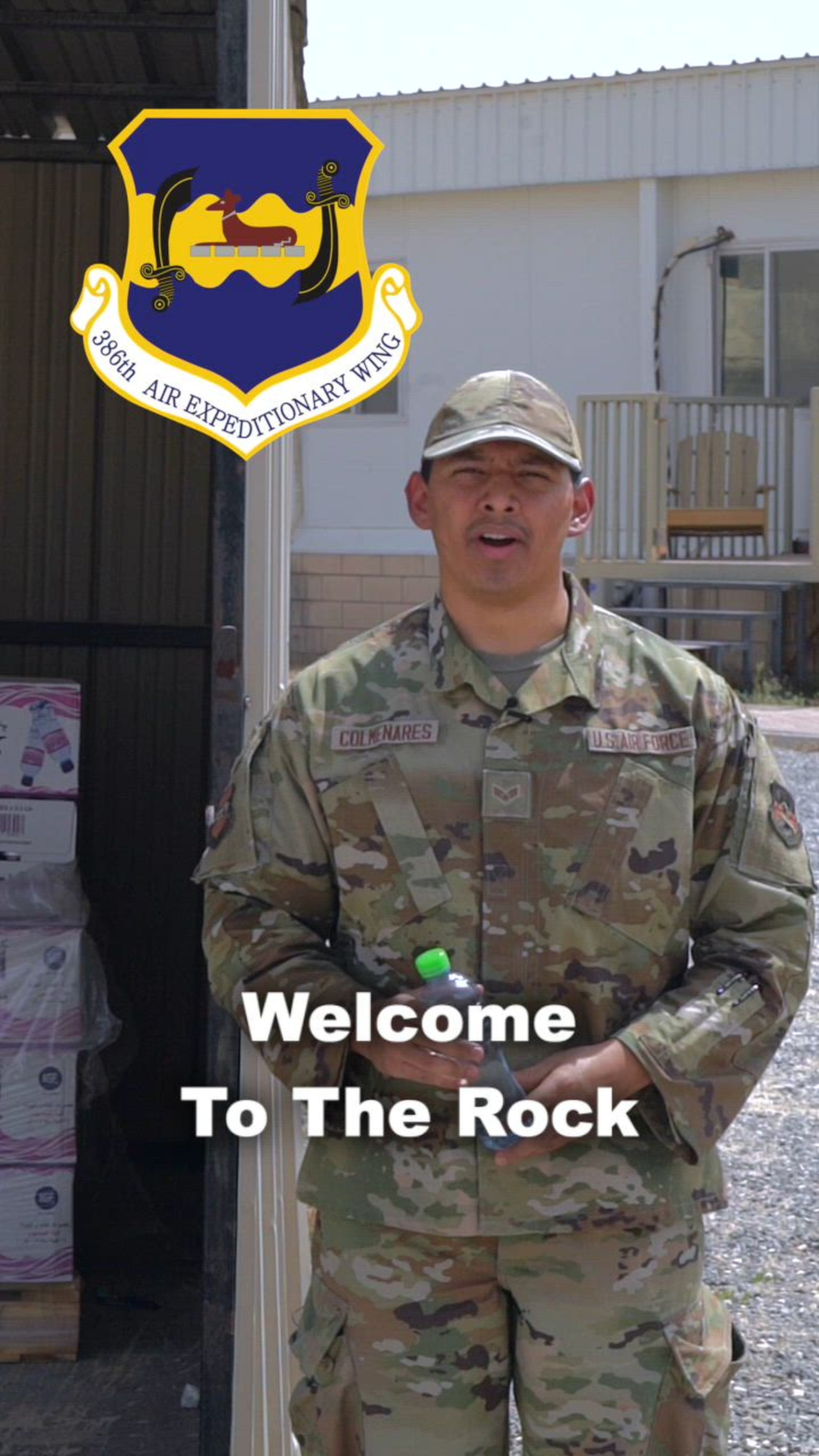 U.S. Air Force Senior Airman Mark Colmenares, 386th Air Expeditionary Wing public affairs specialist, explains the importance of hydration, especially out in inclement weather conditions, by progressively accumulating more water bottles throughout the PSA.