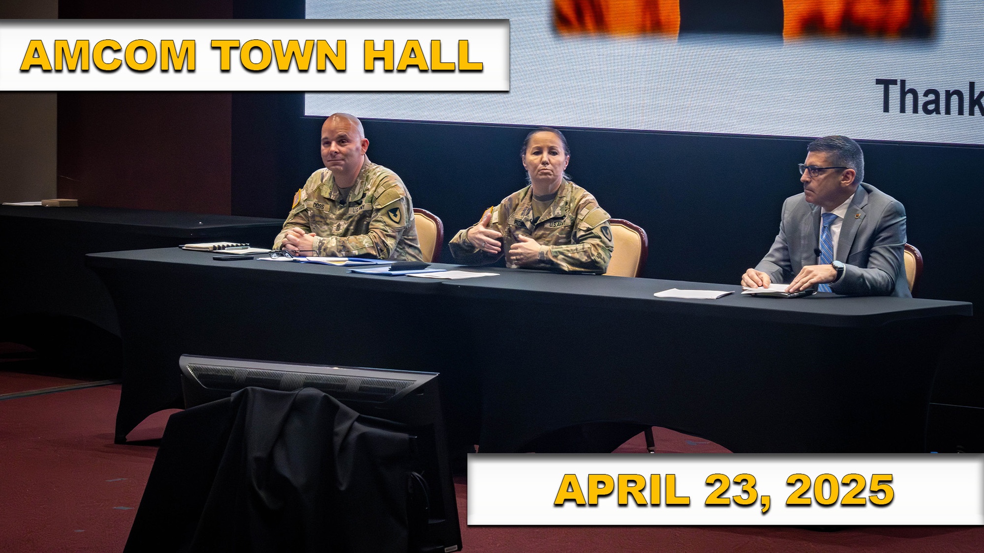 MG Lori Robinson, Mr. Donald Nitti, and CSM Christopher Doss address the AMCOM workforce.