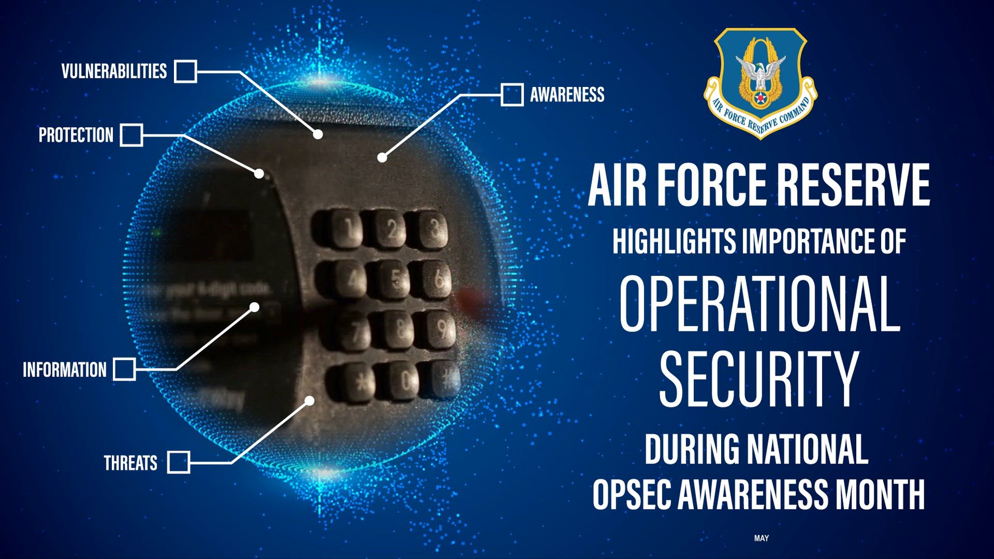 An OPSEC awareness month animation was produced for the Air Force Reserve at Robins AFB, Georgia, on April 28, 2025. This graphic reminds Reserve Citizen Airmen and civilian personnel of the importance of protecting sensitive information and maintaining mission readiness. (U.S. Air Force animation by Ivan Rivera)