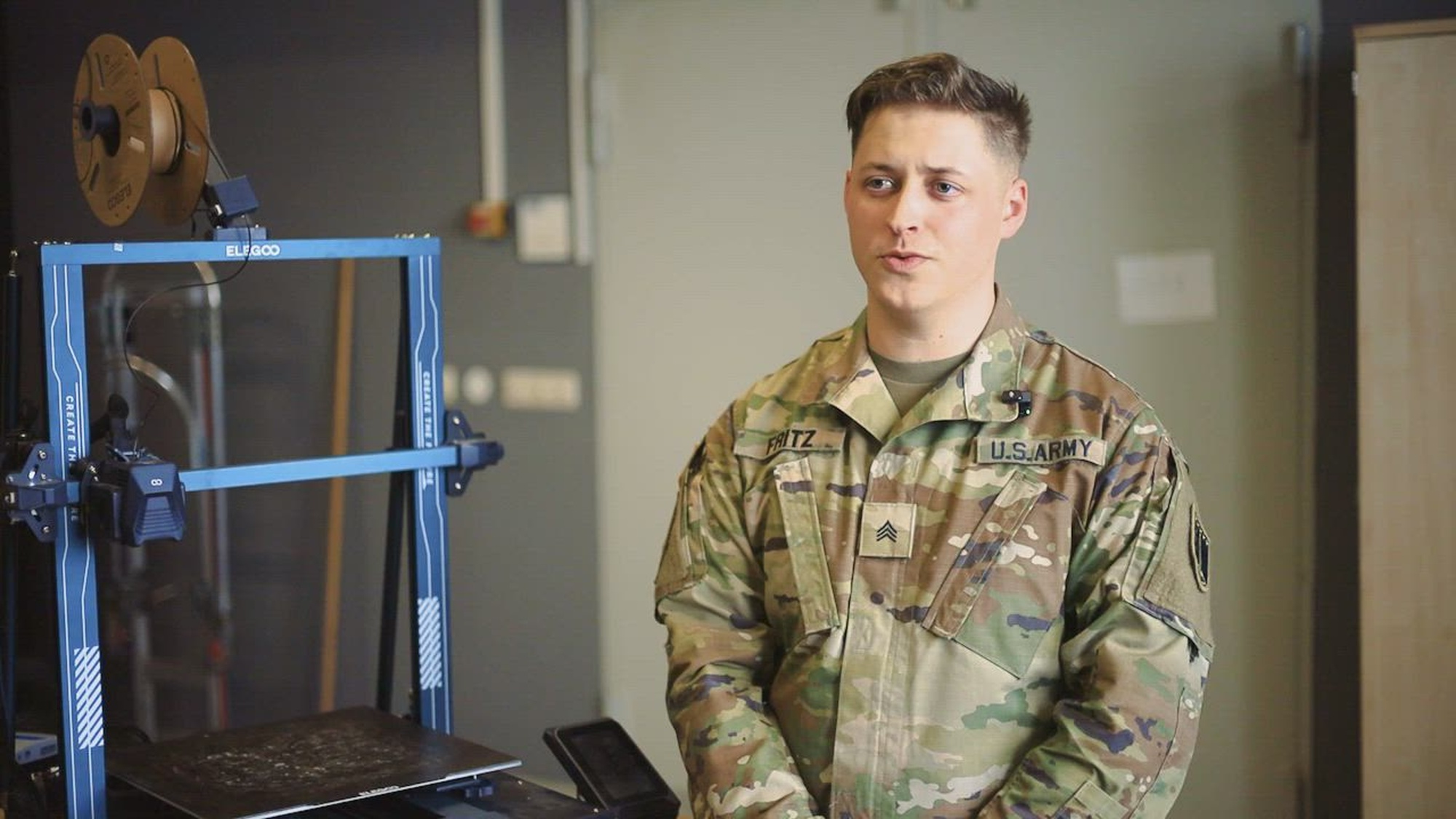 U.S Army Sgt. Jacob Fritz, lead manufacturer, 2nd Multi-Domain Effects Battalion, explains his tasks and leadership position in 2MEB's innovation lab, Apr. 2, 2024, on Mainz Kastel TMP Station in Wiesbaden, Hessen, DE. The innovation lab was created to find cost-effective and beneficial ways to revolutionize warfighting with techniques such as 3-D printing and soldering. (U.S. Army video by Sgt. Benjamin Purcey and Sgt. Deziree Keay)