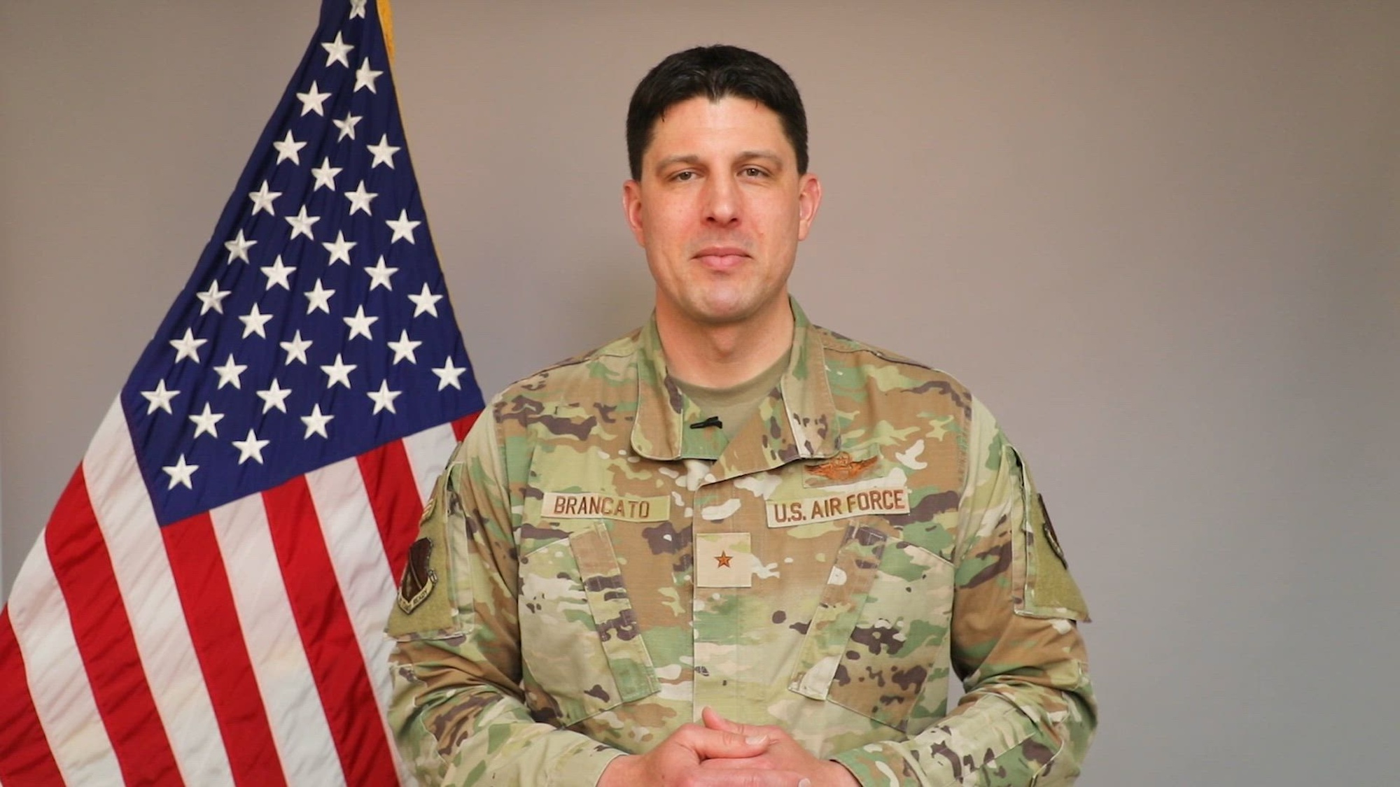 Brig. Gen. Matthew Brancato, 127th Wing commander, delivers the May 2025 drill message at Selfridge Air National Guard Base, Michigan, May 1, 2025. Leadership provides an update in advance of each scheduled drill period. (U.S. Air National Guard video by Tech. Sgt. Andrew Schumann)