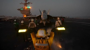 Crews embarked on USS Carl Vinson (CVN 70) and USS Harry S. Truman (CVN 75) resupply at sea and operate 24/7, targeting Iran-backed Houthi terrorists within Houthi controlled areas of Yemen.