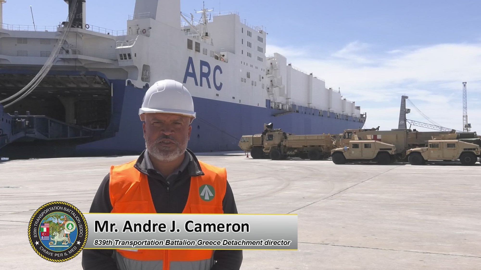 Andre Cameron, the Transportation Corps Detachment Eastern Mediterranean - Greece  of the 839th Transportation Battalion, addresses several topics pertaining to the first-ever port operation at the port of Kavala, Greece in support of DEFENDER 25, April 2025. Cameron highlights the safety aspects of conducting port operations and talks about the three pillars jointly bonds the U.S. and host nation: relationships, partnerships, and friendships.
The Dynamic Employment of Forces to Europe for NATO Deterrence and Enhanced Readiness, also known as DEFENDER, is the largest annual U.S. Army exercise in Europe. This milestone supports reception, staging, and onward movement across Czechia and demonstrates how U.S. forces move fast, integrate with partners, and train for large-scale combat operations. (U.S. Army video by Antonio Bedin)