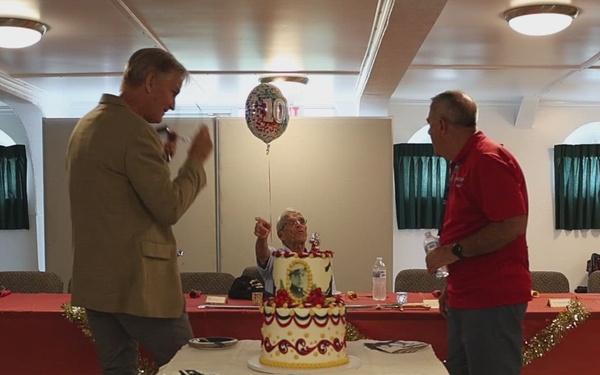 Iwo Jima Veteran celebrates 100th Birthday with Marines, Sailors, family aboard USS North Carolina