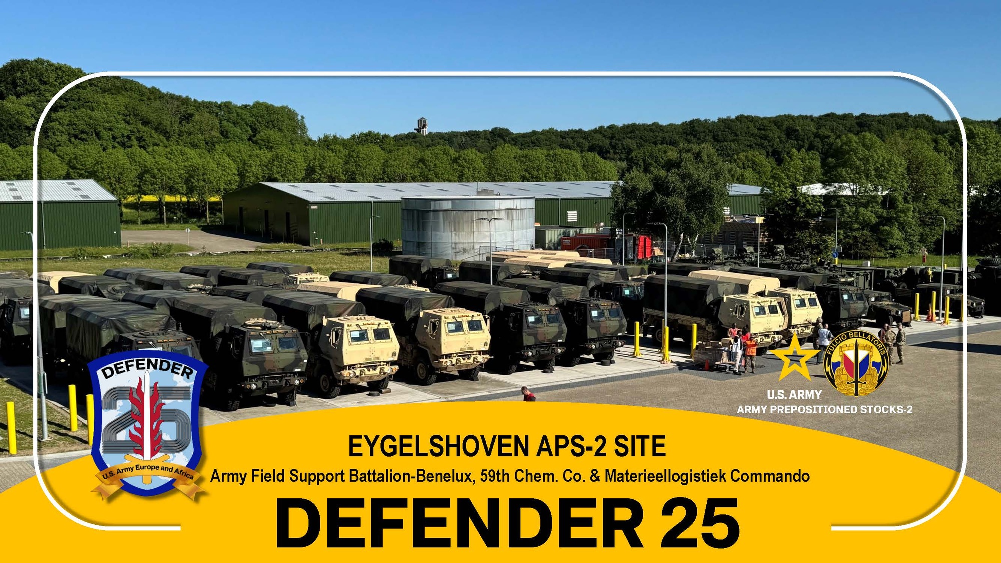 The 405th Army Field Support Brigade's Battalion Benelux issued over 200 Army Prepositioned Stocks-2 tactical vehicles and major end items to the 59th Chemical Company (Hazardous Response) at the Eygelshoven APS-2 worksite in the Netherlands at the start of DEFENDER 25.