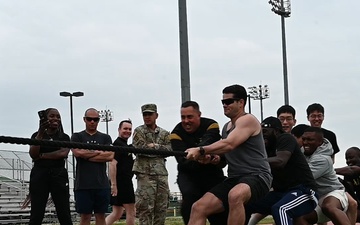 Soldiers playing tug-of-war