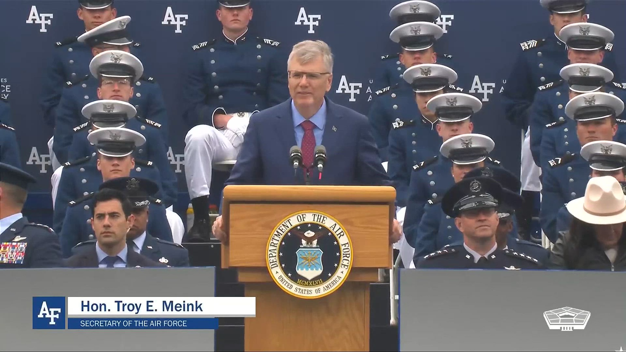 Secretary of the Air Force Troy E. Meink delivers the commencement address to the 2025 graduating class of the U.S. Air Force Academy during a ceremony at Falcon Stadium in Colorado Springs, Colo., May 29, 2025. 