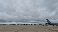 KC-46 and KC-135 static displays on McConnell flightline b-roll