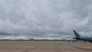 KC-46 and KC-135 static displays on McConnell flightline b-roll