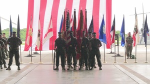 Col. Brett Allison relinquishes post to Col. Lee Hemming during MAG-36 change of command ceremony