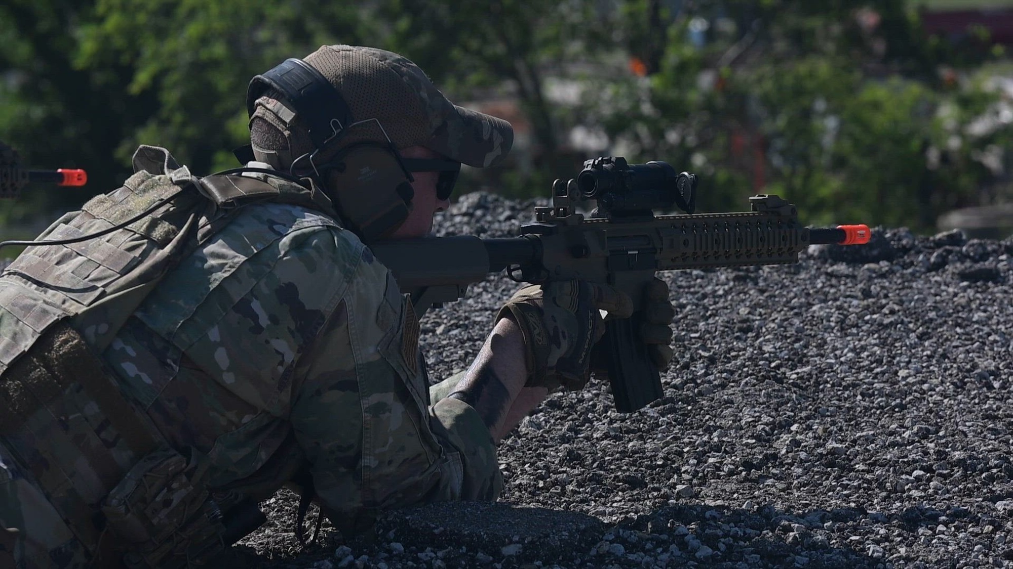 22nd Security Forces Squadron members take part in a final exercise during combat training week at McConnell Air Force Base, Kansas, May 30, 2025. Airmen advanced through different<br />terrain, cleared buildings, and maintained their position while taking on enemy fire simulated by battery-powered airsoft rifles, allowing them to hone combat skills and improve overall readiness. (U.S. Air Force video by Senior Airman Amelio Brown)