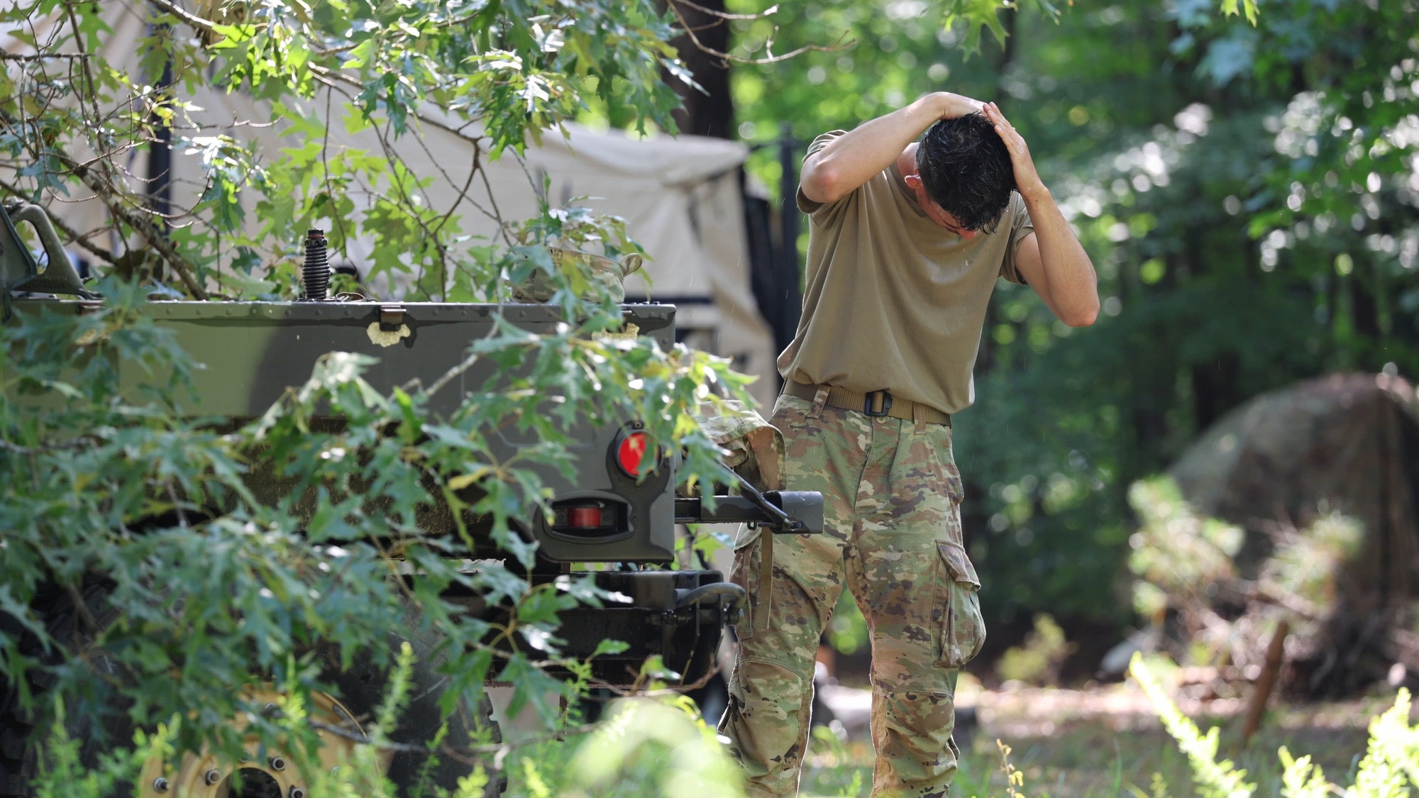 U.S. Army Reserve Soldiers participating in Operation Mojave Falcon 2025 settle into field living conditions at Fort Barfoot, Virginia. Mojave Falcon is a multi-faceted, first-of-its-kind Army Reserve training exercise that integrates the Combat Support Training Exercise (CSTX), National Training Center (NTC), Global Medic, Quartermaster Liquid Logistics Exercise (QLLEX), Port Operations, and Nationwide Move. (U.S. Army Reserve video by Staff Sgt. Kanangwe Jean-Baptiste, 311th Expeditionary Sustainment Command).