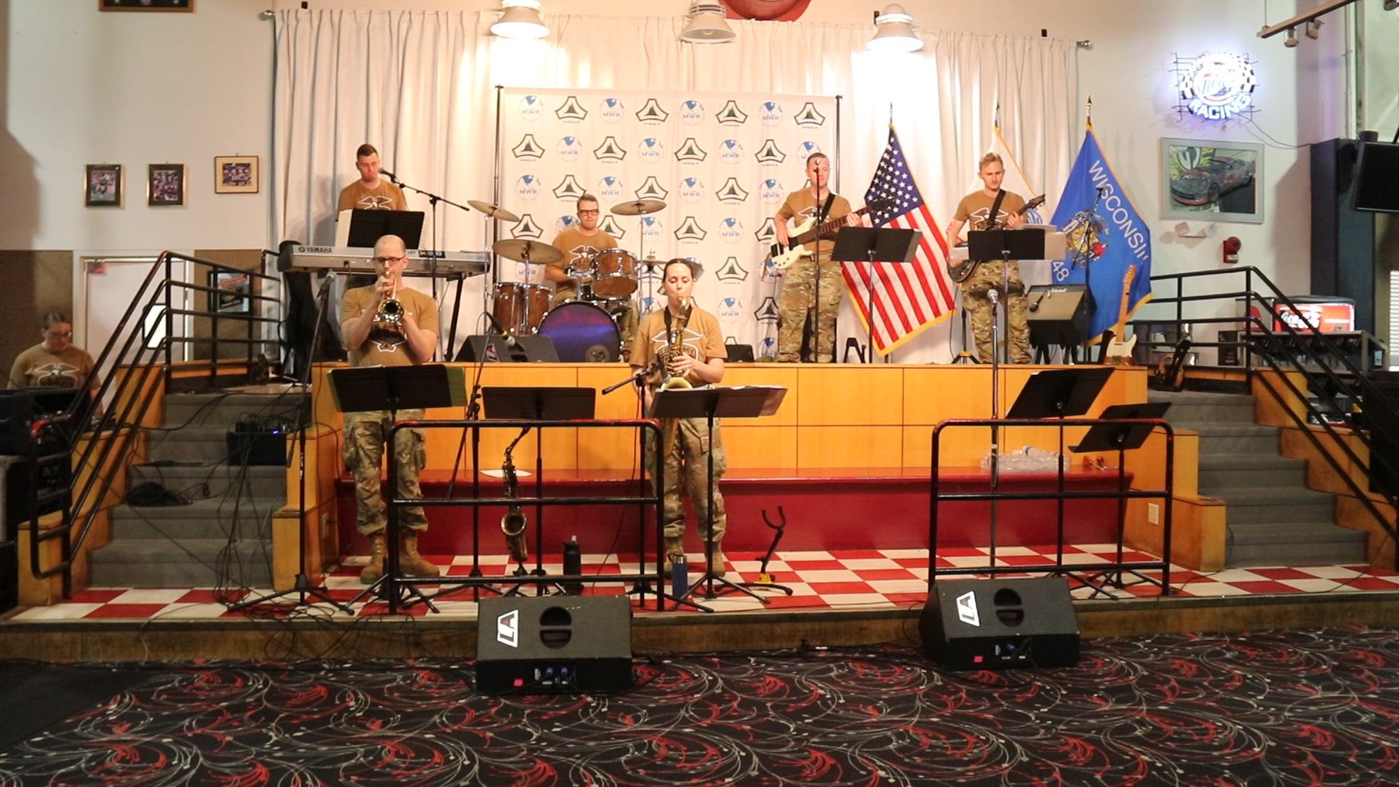 Members of the Army Reserve's 204th Army Band of Fort Snelling, Minn., play a song June 13, 2025, at McCoy's Community Center at Fort McCoy, Wis., during the 2025 Fort McCoy Army Birthday Celebration. The band played two sets during the event. The event also included a cake-cutting and free lunch. (U.S Army Photo by Scott T. Sturkol, Fort McCoy Public Affairs Office)
