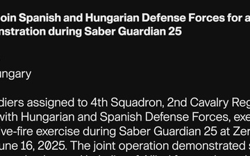 2CR Soldiers join Spanish and Hungarian Defense Forces for a multinational live-fire demonstration during Saber Guardian 25