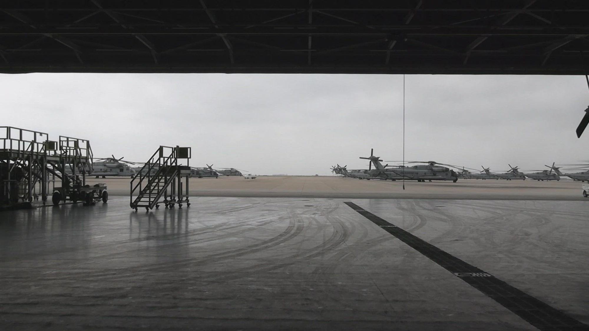 U.S. Marines with Marine Heavy Helicopter Squadron (HMH) 466, Marine Aircraft Group 16, 3rd Marine Aircraft Wing, conduct routine maintenance on CH-53E Super Stallion aircraft assigned to HMH-466, at Marine Corps Air Station Miramar, California, June 10-11, 2025. Maintainers contribute to the squadron’s success by ensuring all aircraft are safe and mission ready. (U.S. Marine Corps video by Lance Cpl. Michael Gavin)