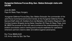 Hungarian Defense Forces Brig. Gen. Balazs Szloszar visits with 12CAB