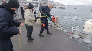USS Bulkeley (DDG84) departs the port of Narvik, Norway.