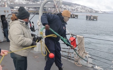 USS Bulkeley (DDG84) departs the port of Narvik, Norway.