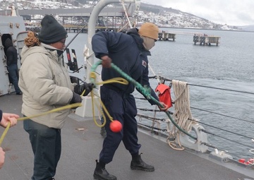 USS Bulkeley (DDG84) departs the port of Narvik, Norway.