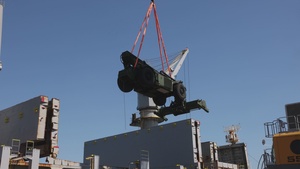 Talisman Sabre 2025 U.S. Army vehicles offload at Port Darwin, Australia for Talisman Sabre 25