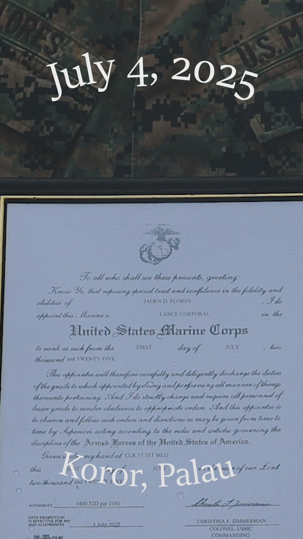 Lance Cpl. Flores Promotes During Koa Moana 2025