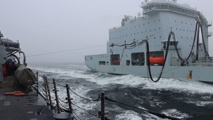 USS Bulkeley (DDG84) conducts a replenishment at-sea during exercise Formidable Shield 2025.