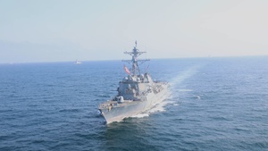 USS Bulkeley (DDG84) conducts an aerial photo exercise during Formidable Shield (FS) 2025